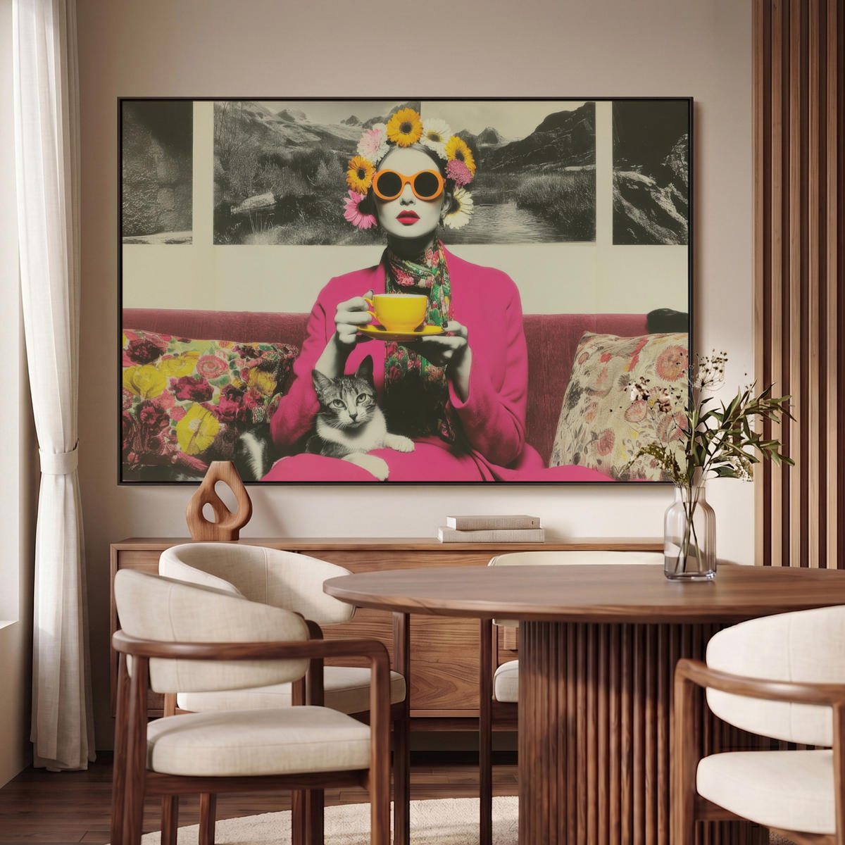 LEINWAND Bilder mit Rahmen - Frau - Katze - Blumen - Tasse - Retro - 150x100 - Magenta, Textil (150/100cm) - MuchoWow