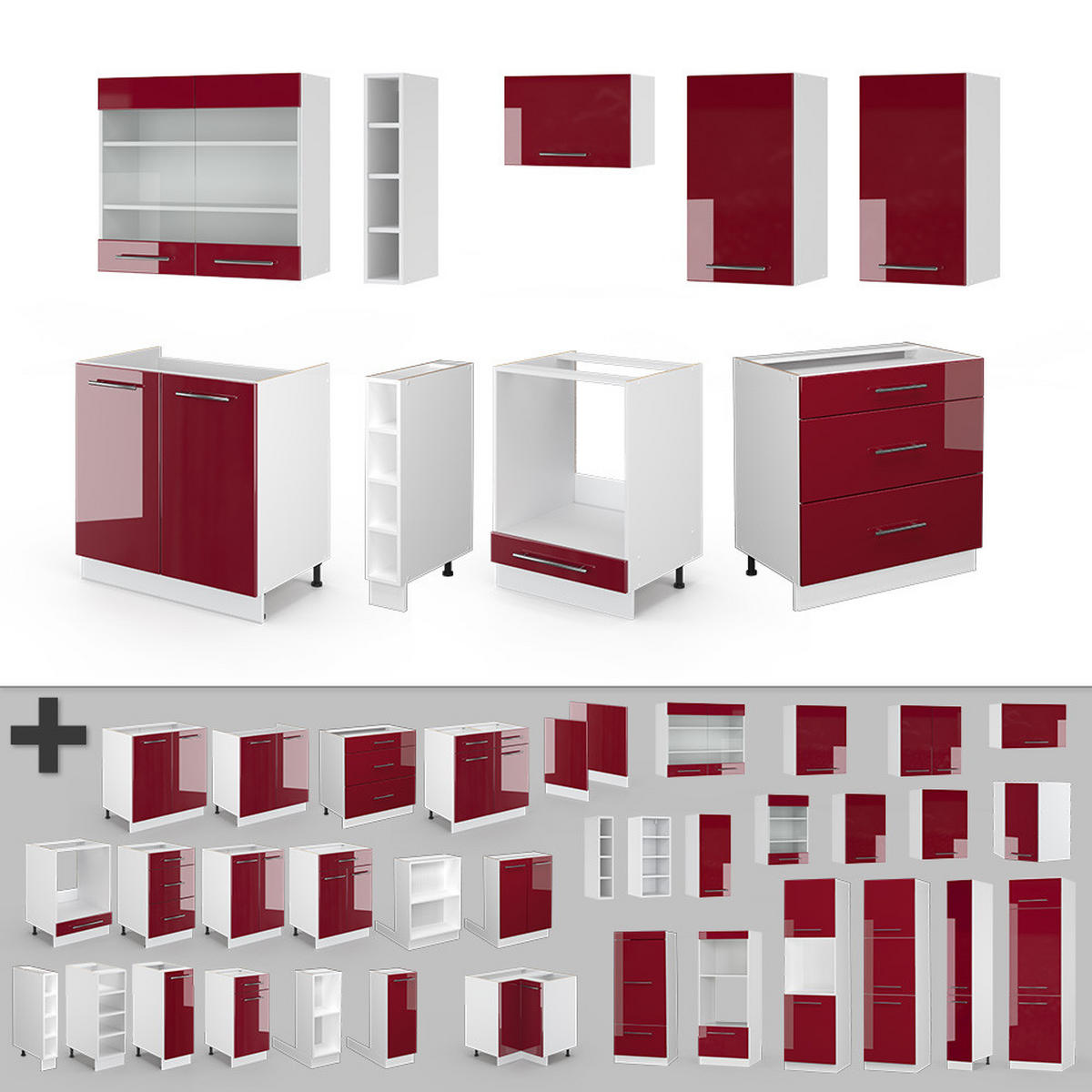 KÜCHENZEILE Fame-Line Bordeaux Hochglanz/Weiß 235 cm, AP Anthrazit - Bordeaux/Weiß, Holzwerkstoff (235/81.6/60cm) - Vicco