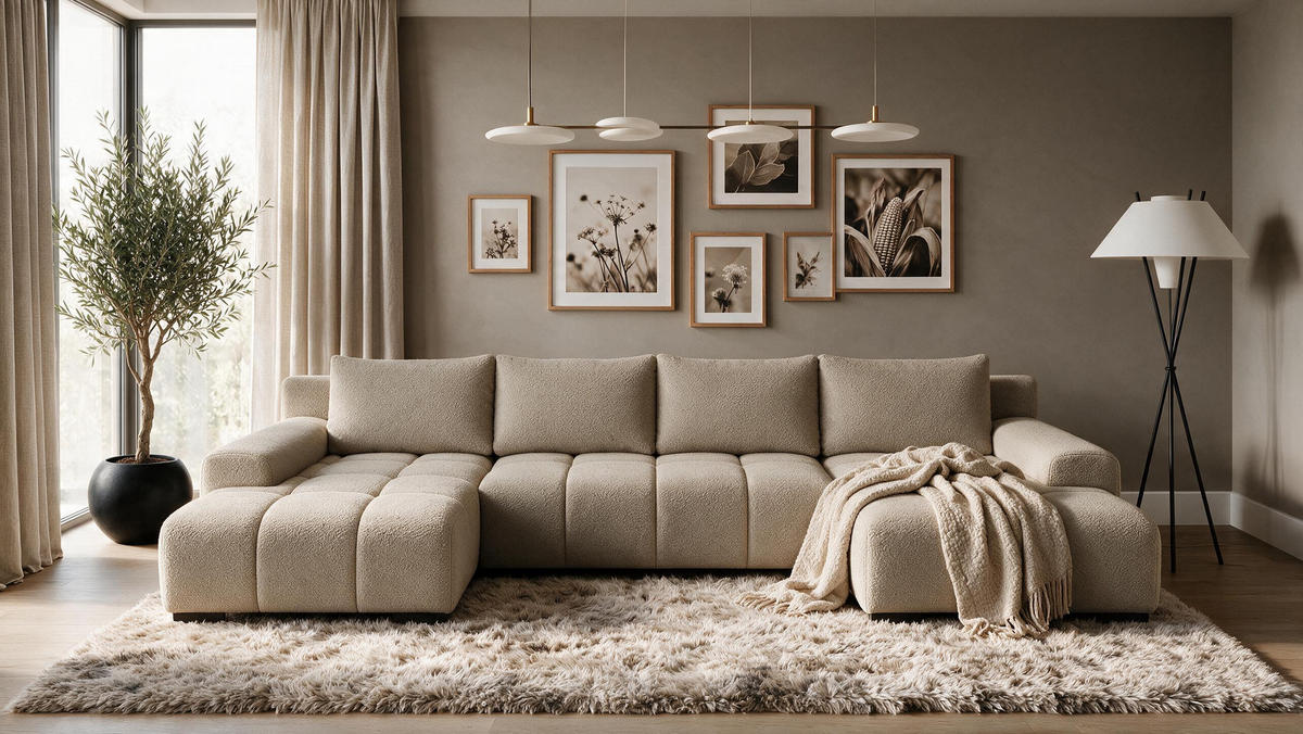 WOHNLANDSCHAFT OVIA U mit Bettkasten und Schlaffunktion, Bouclé-Stoff in U-Form - Cappuccino, Textil (350/80/185cm)