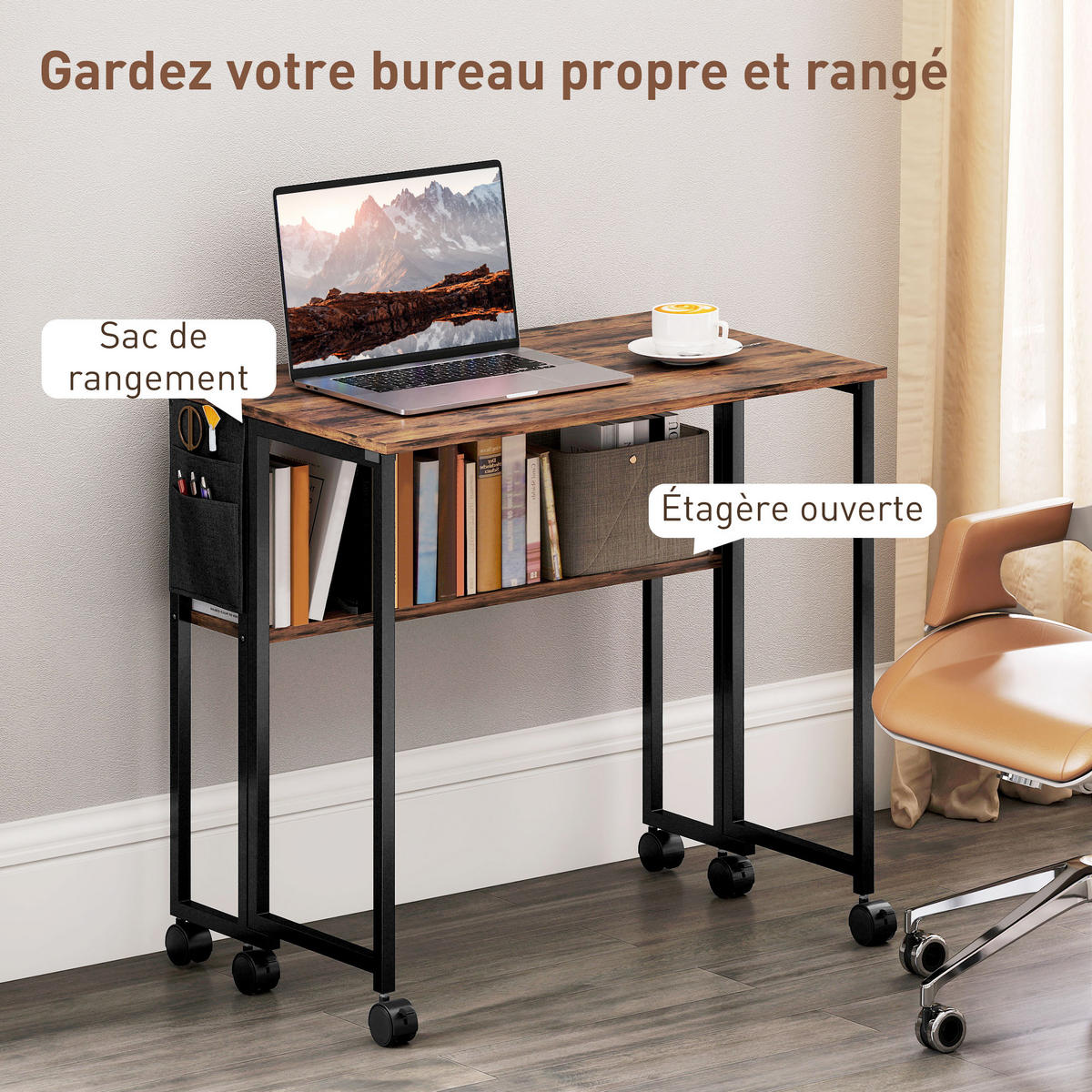 SCHREIBTISCH Braun klappbar mit Rollen und Ablage 80/50/75 cm - Rotbraun, Holzwerkstoff (50/80/75cm) - PANGIVO