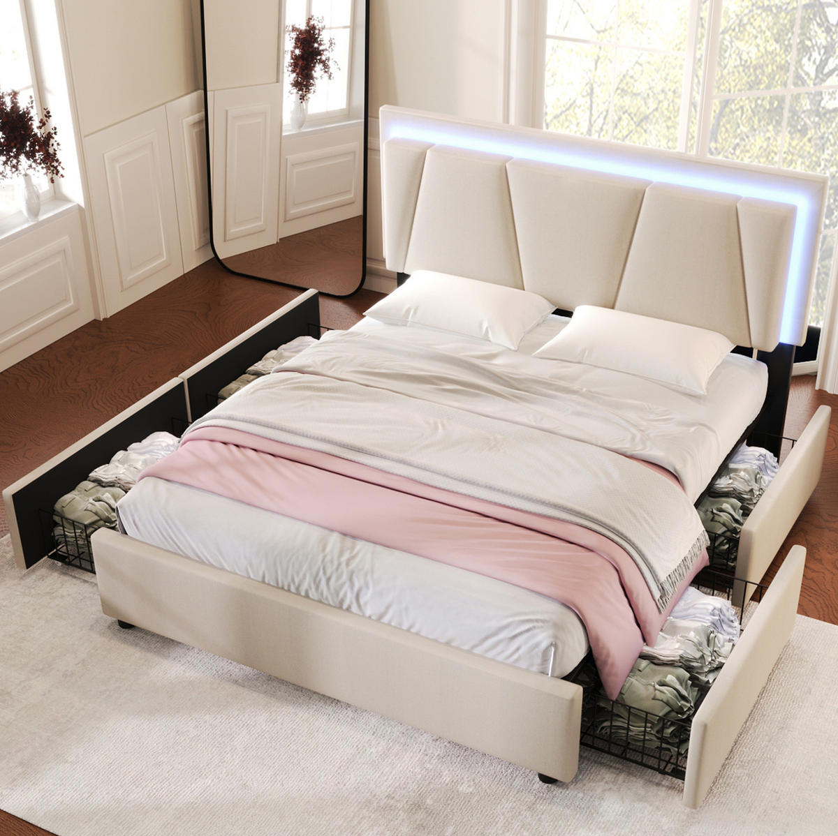 POLSTERBETT aus Leinen 160x200 cm in Beige mit LED-Beleuchtung & 4 Schubladen - Beige, Textil (160/200cm) - Modfu
