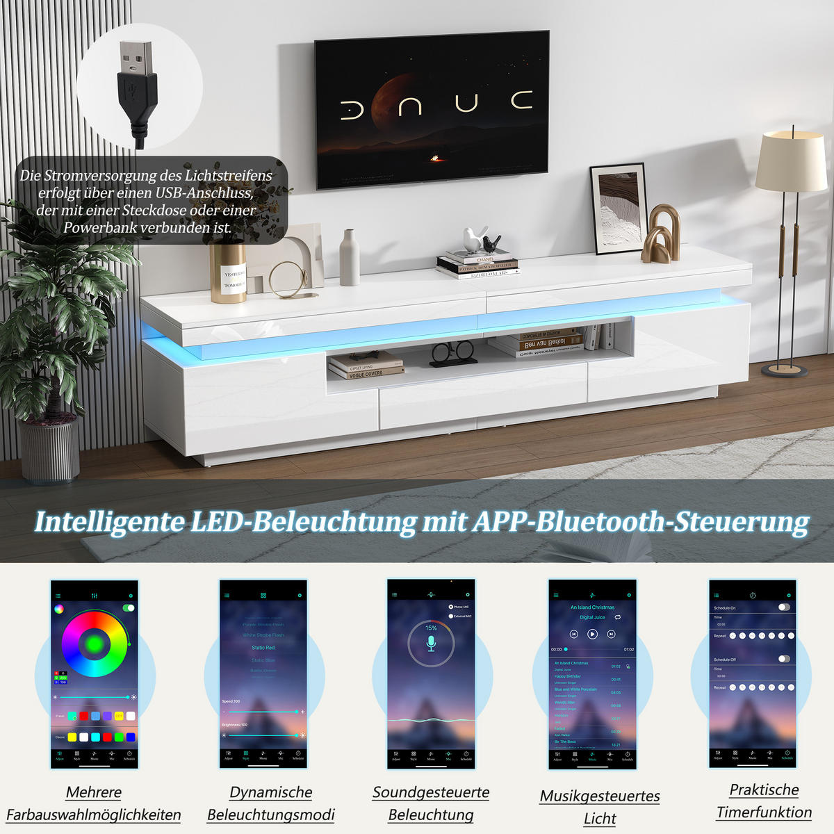 TV-LOWBOARD 175x38x45 cm Weiß Hochglanz LED 2 Schränke 1 Schublade - Weiß, Holzwerkstoff (38/45/175cm) - FLIEKS