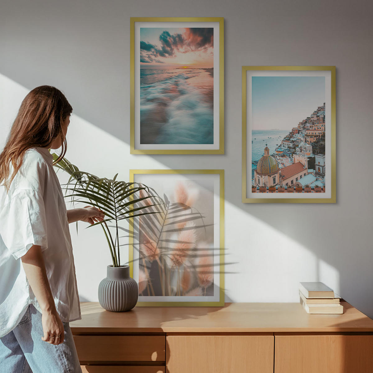WANDBILDER 3er Set - 40x60 cm Goldrahmen - Sonnenuntergang am Meer, Häuser, Blumen - Goldfarben, Kunststoff (40/60cm) - ArtPrintCave