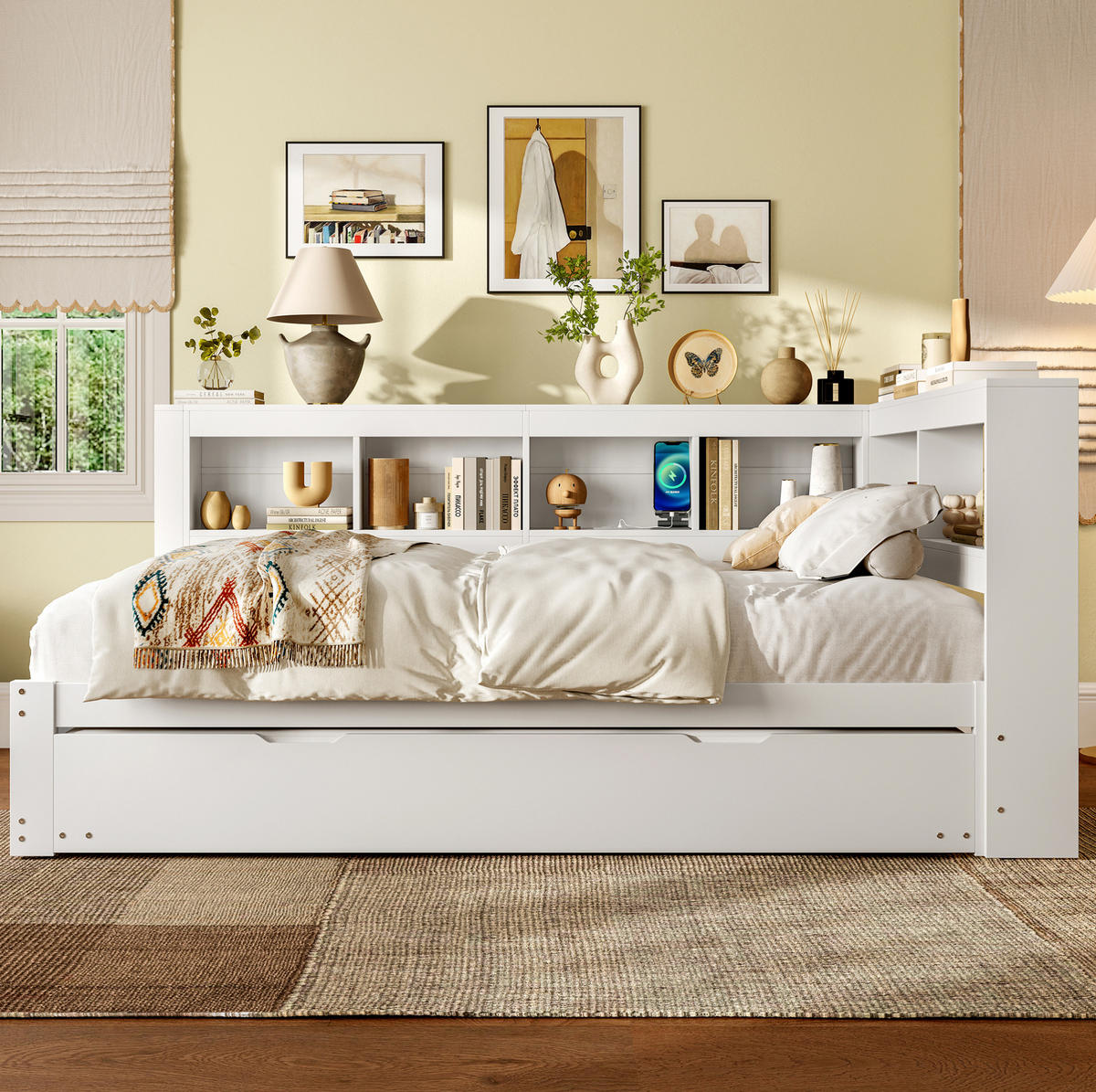 POLSTERBETT 140/200 cm mit Ausziehbett, USB-Anschlüssen, Steckdose und 2 Schubladen, MDF/Kiefernholz, Weiß - Weiß, Holzwerkstoff (140/200cm) - Redom