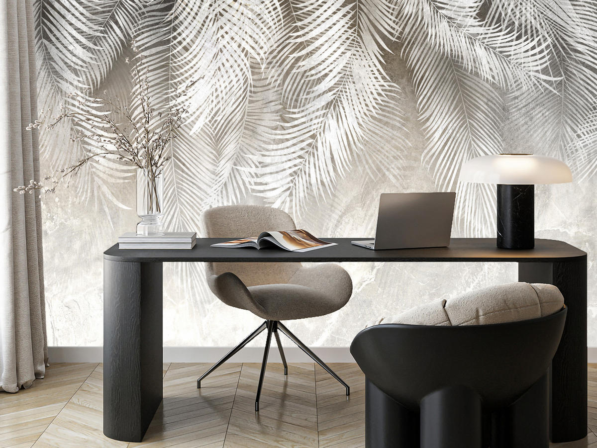 FOTOTAPETE für Schlafzimmer Vintage Palmenblätter auf Marmor Beige 500x350 - Weiß/Grau, Papier (500/350cm) - Muralo
