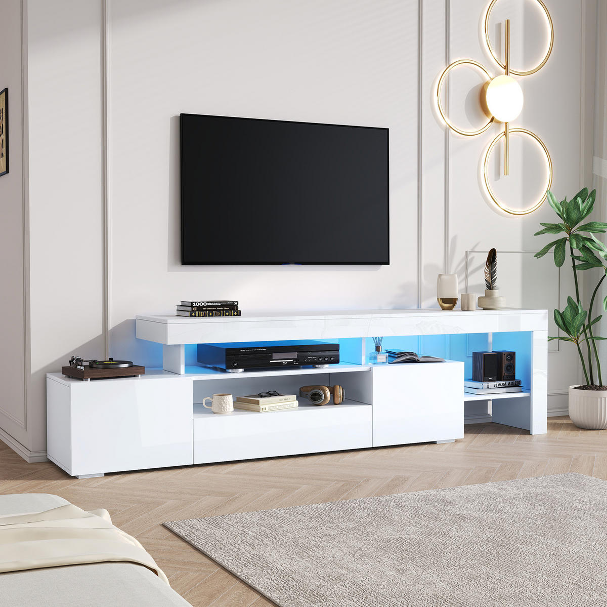 TV-LOWBOARD 192/37/53 cm mit 3 Klapptüren und LED-Beleuchtung - Weiß, Holzwerkstoff (192/53/37cm) - BEAOK