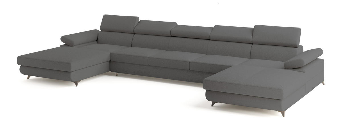 WOHNLANDSCHAFT VIVENTE Grau Boucle-Stoff mit Schlaffunktion - Grau, Holz (410/89/190cm) - MASSENO