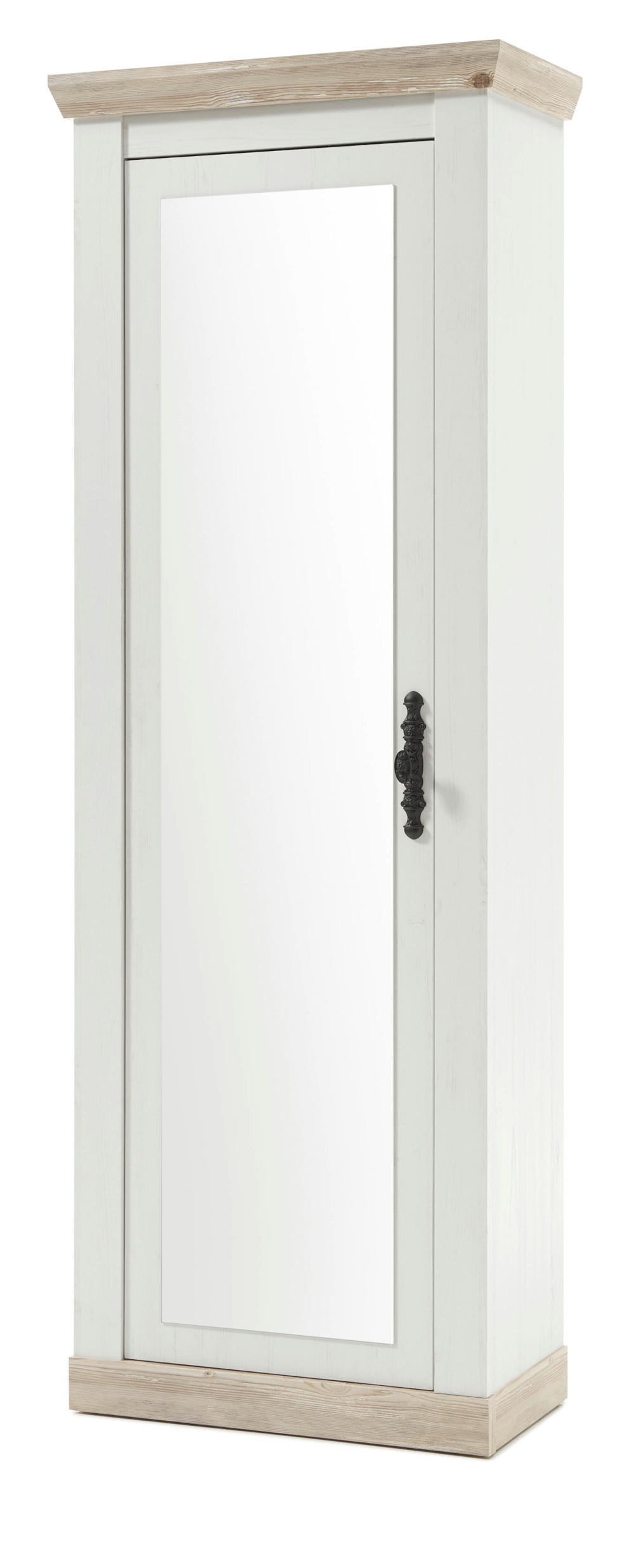 GARDEROBENSCHRANK Pinie weiß, Oslo Pinie Landhaus, Garderobe oder großer Schuhschrank mit Spiegel, 73 x 201 cm - Hellbraun/Anthrazit, Holzwerkstoff/Metall (73/201/38cm) - Furn.Design