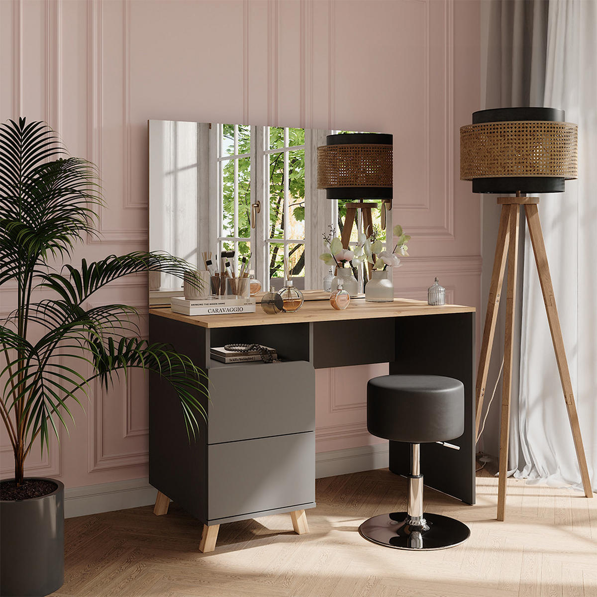 SCHMINKTISCH Karen Anthrazit/Artisan 110 cm mit Hocker - Anthrazit/Eiche Artisan, Holzwerkstoff (110/75/55cm) - Vicco