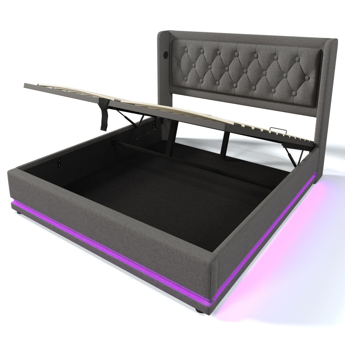 POLSTERBETT 140/200 cm mit Matratze, USB- und Typ-C-Anschluss, Matratze, hydraulischem Stauraum und 3-seitiger LED-Beleuchtung, Grau - Grau, Textil (140/200cm) - Redom