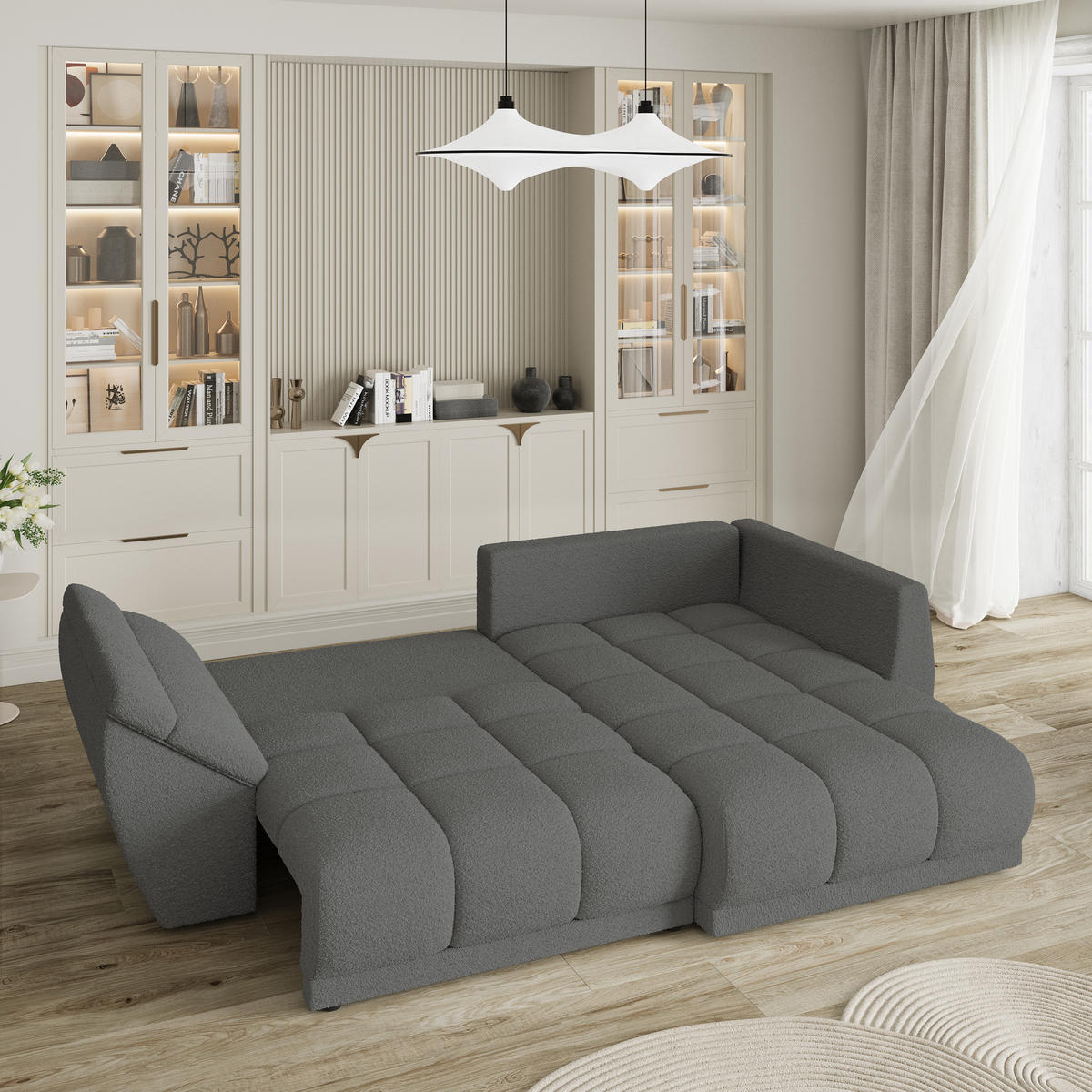ECKSOFA ORENTI R-S Grau Boucle-Stoff mit Schlaffunktion - Grau, Holz (287/182cm) - MASSENO