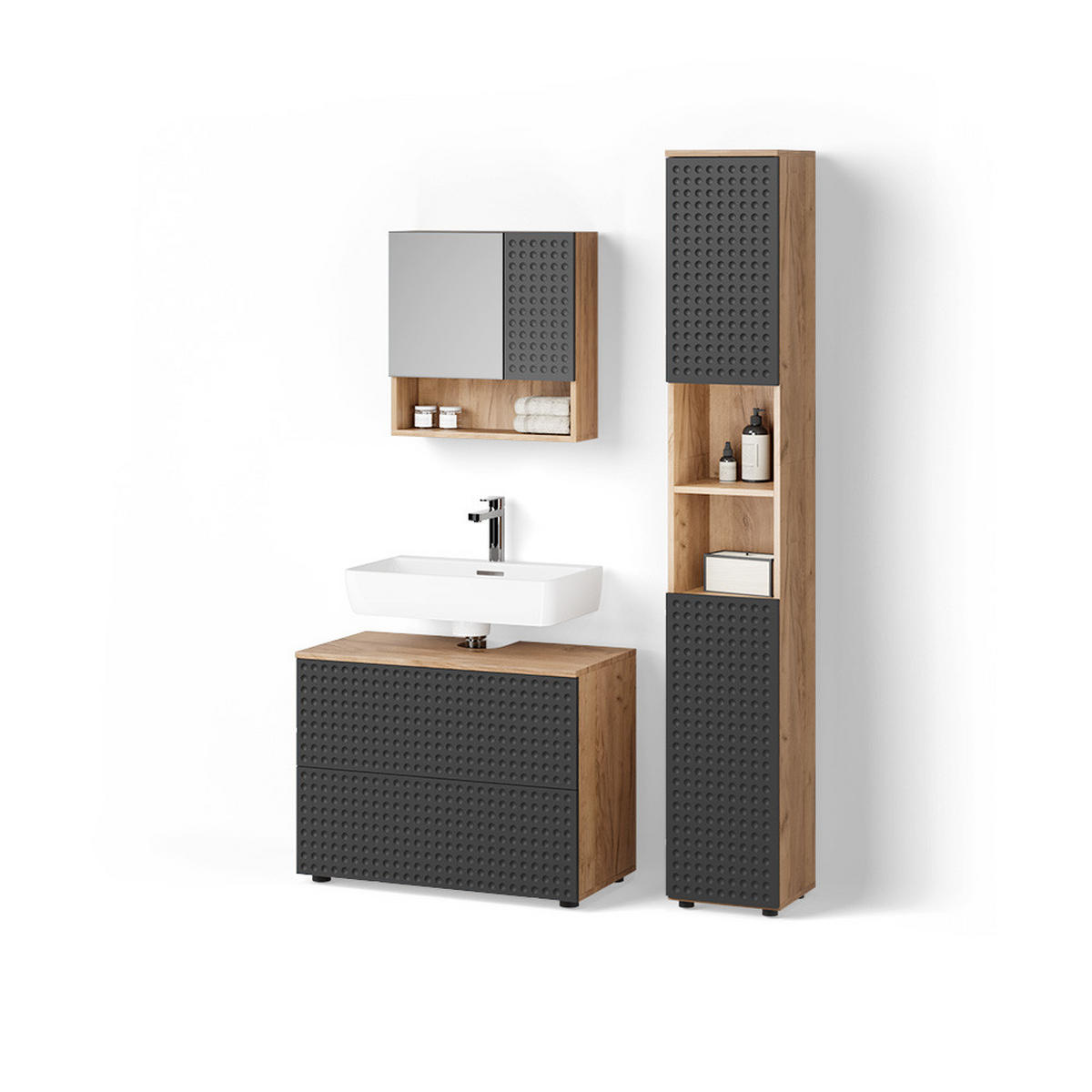 BADMÖBEL-SET Ronco Anthrazit gestreift 3 Teile, mit Schubladenschrank und Hochschrank - Eichefarben/Anthrazit, Holzwerkstoff (80/58/41cm) - Livinity®
