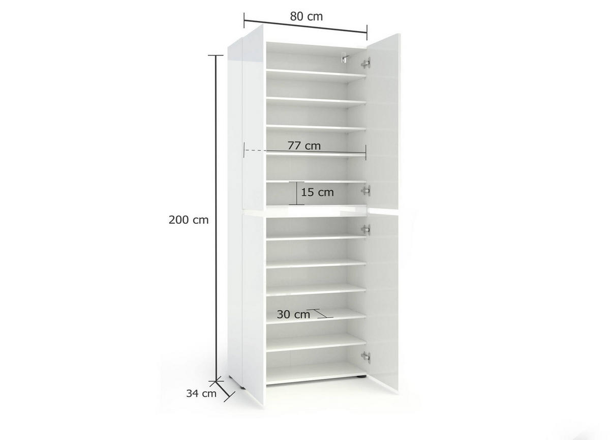 SCHUHSCHRANK Glänzendes Weiß 34/80/200 cm - Weiß, Holzwerkstoff (80/200/34cm) - DMORA