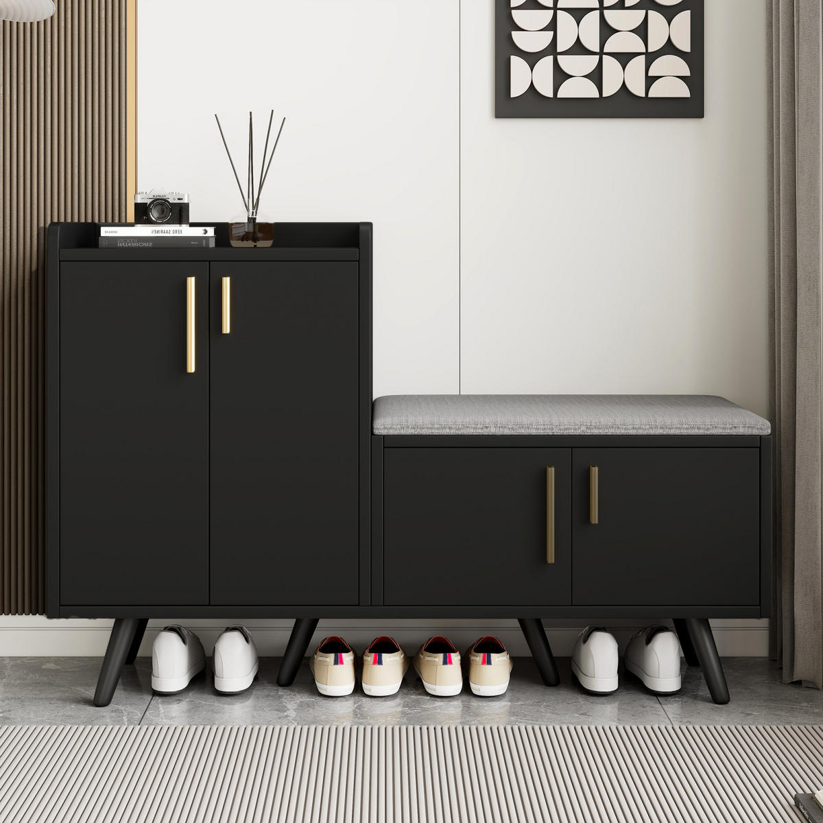 SCHUHSCHRANK Schwarz 120x34x82 cm mit Sitzkissen, Stauraum und 4 Türen - Schwarz, Holz (120/82/34cm) - PARAFTA HOME
