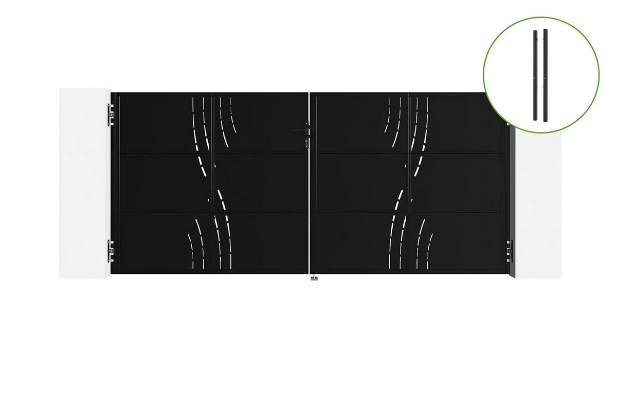 STAHLFLÜGELTOR Nali Veleta Mattschwarz 3,5m H.160cm + 2 STAHLPFOSTEN Dario 8x8 H.230cm - Schwarz, Metall (293/160cm) - Casanoov