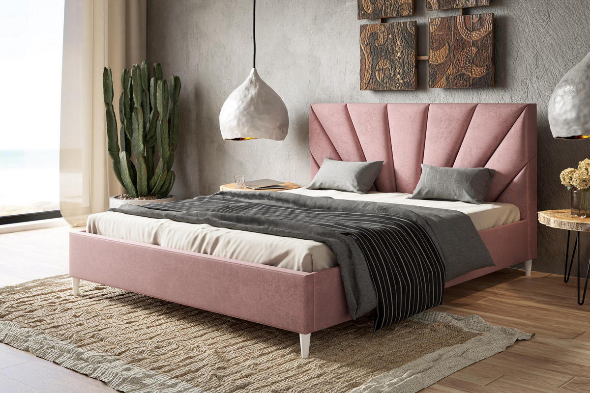 POLSTERBETT LUX Denver mit Kopfteil, 140 x 200 cm, Doppelbett mit Lattenrost aus Holz, Velourstoff Rosa, Füße in Farbe: Weiß - Pink, Holz/Textil (140/200cm) - Alpi-Möbel