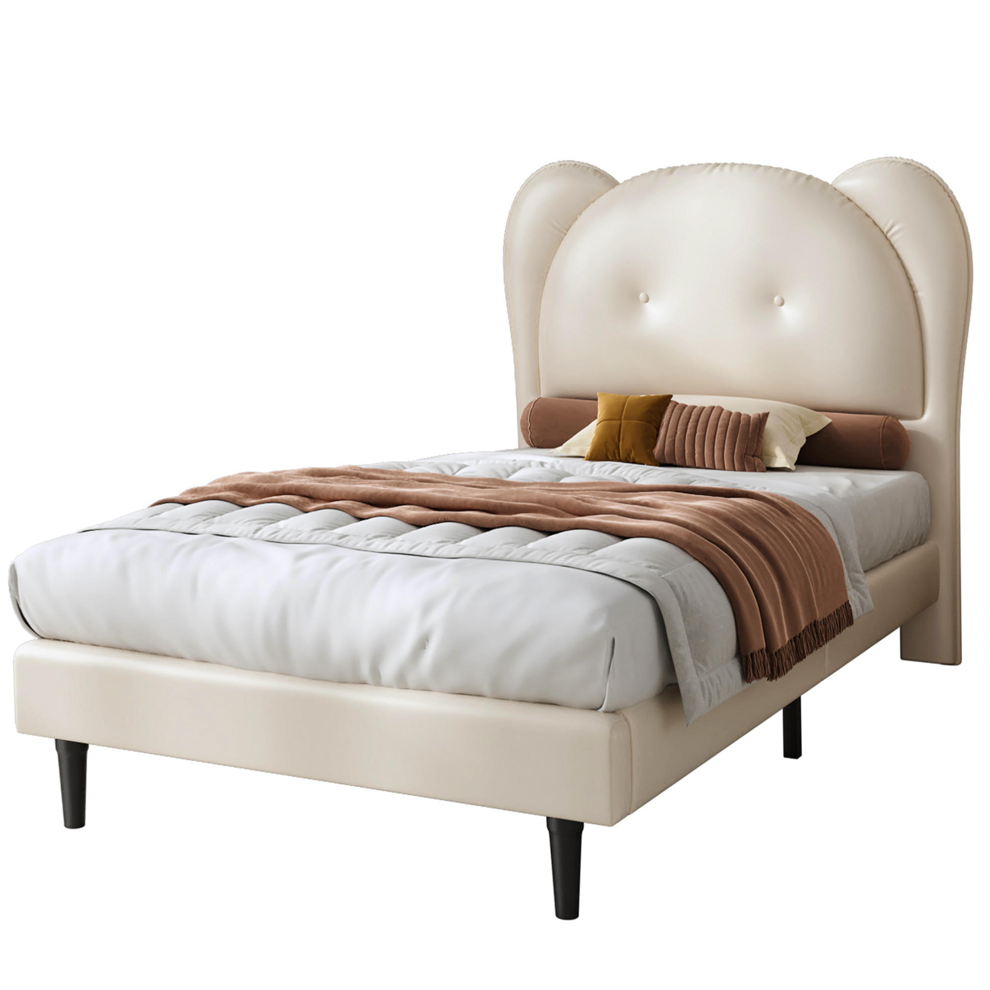 POLSTERBETT aus PU 90x200 cm Beige mit tierförmigem Kopfteil und stabilem Lattenrost - Beige, Kunststoff (90/200cm) - Modfu