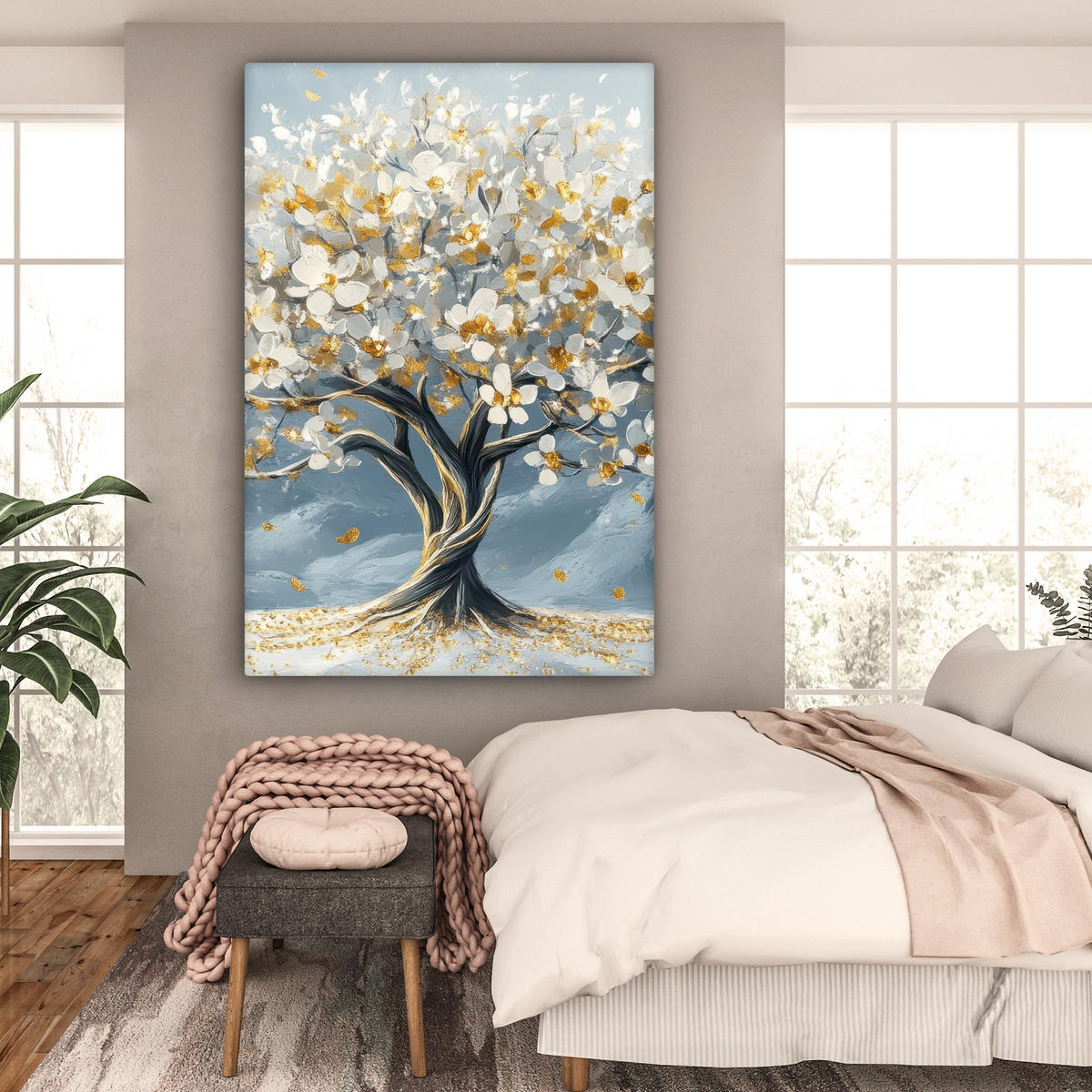 SLIKA NA PLATNU Drevo 90x140 cm - zlate barve, tekstil (90/140cm) - MuchoWow