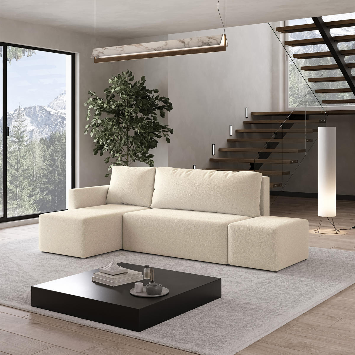 ECKSOFA VELOTTI L-S Creme Boucle-Stoff mit Schlaffunktion - Creme, Holz (261/143cm) - MASSENO