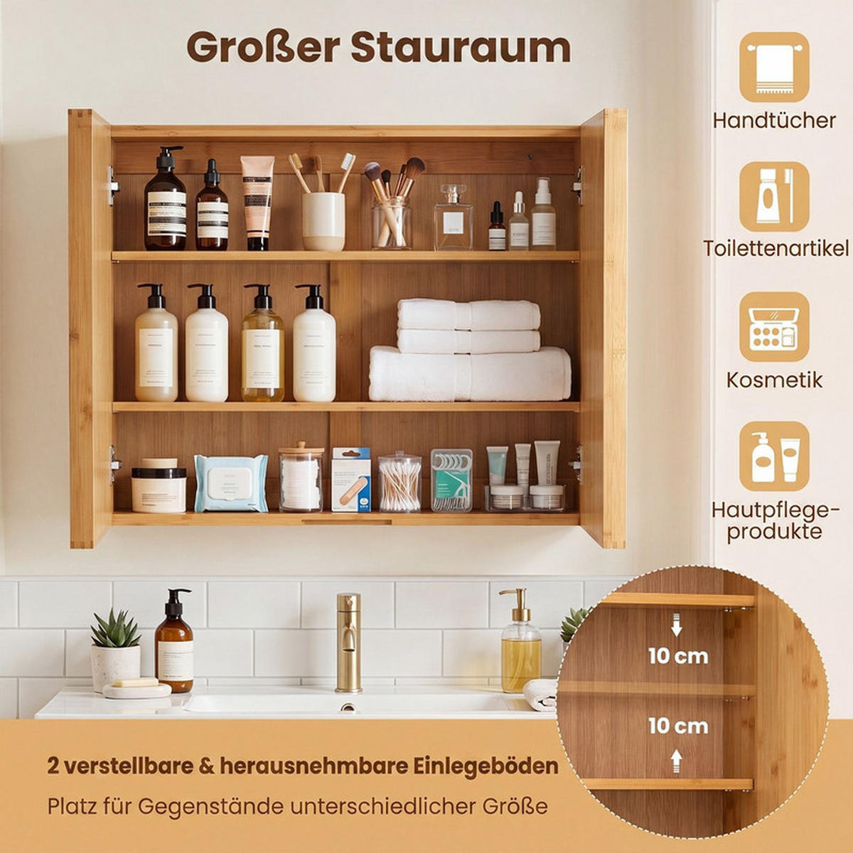 SPIEGELSCHRANK BAD aus Bambus natur - Naturfarben, Naturmaterialen (65/50.5/14cm) - COSTWAY
