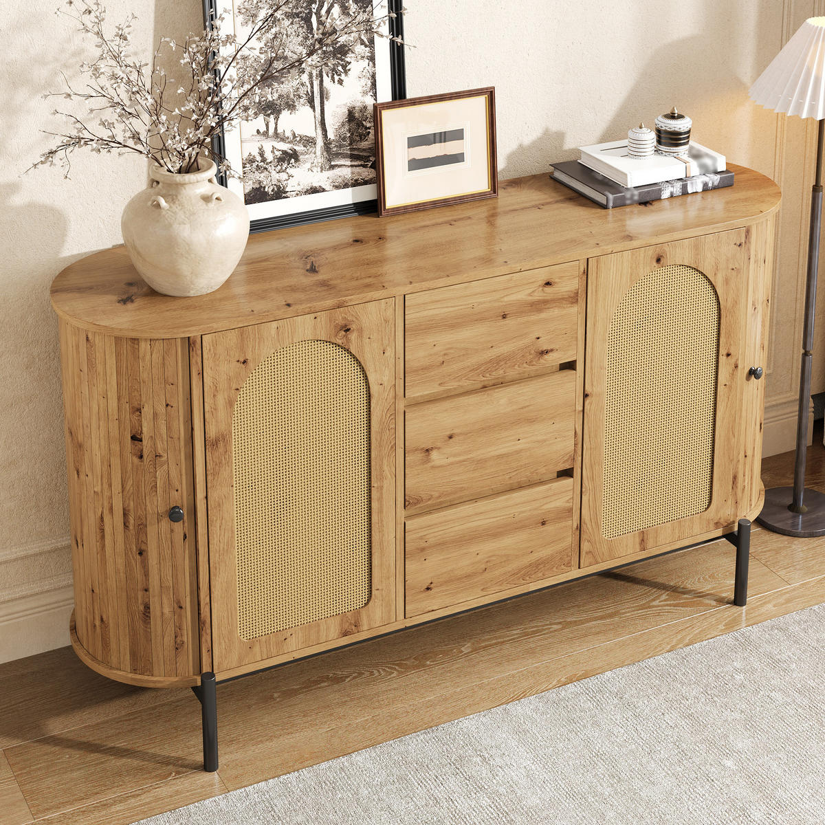 SIDEBOARD oval Rattan Holzoptik - Naturfarben, Holzwerkstoff (140/77.5/38cm)