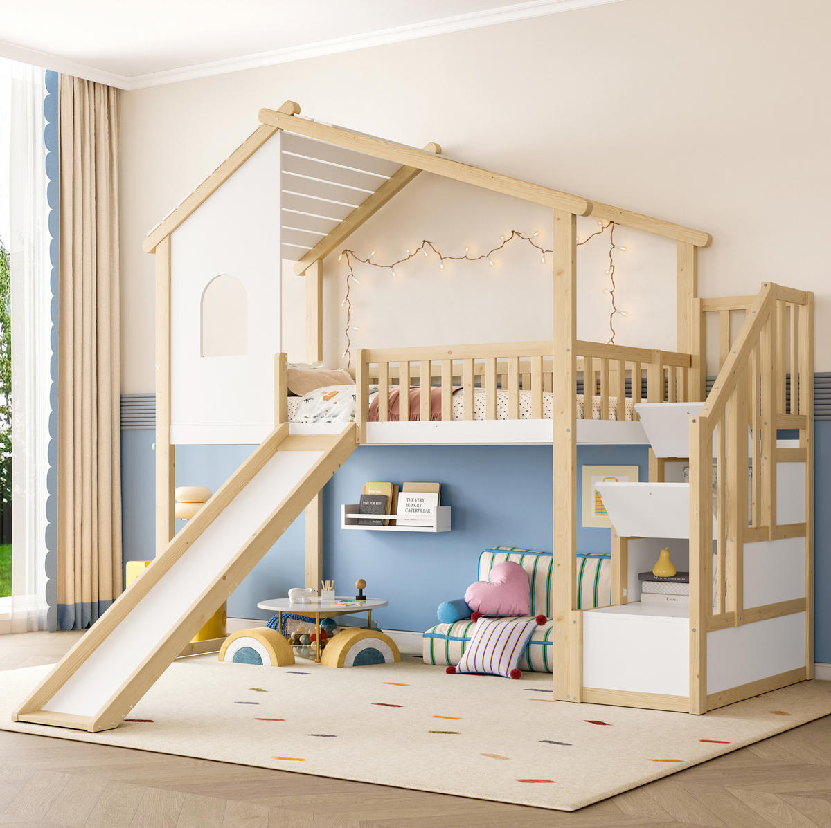 HOCHBETT 90/200 cm mit Rutsche, Stauraumleiter und Hausdesign aus Kiefernholz, Natur/Weiß - Naturfarben, Holzwerkstoff (90/200cm) - Redom