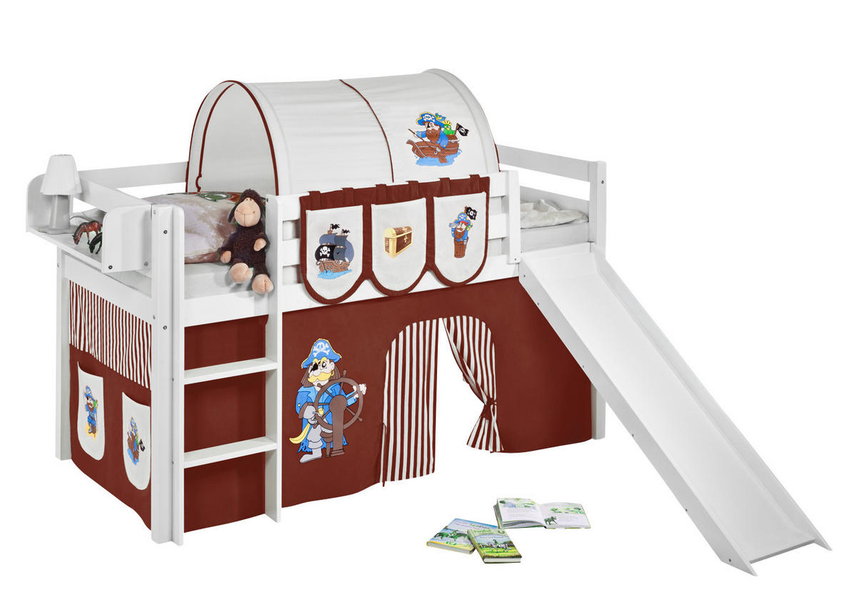 SPIELBETT JELLE Pirat Braun Beige - Hochbett - mit Rutsche und Vorhang - Weiß, Holz - Lilokids
