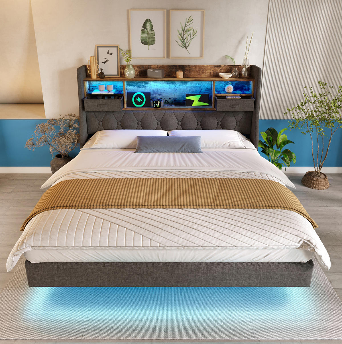 POLSTERBETT aus Leinen 180x200 cm Grau mit LED-Beleuchtung, USB- und Type-C-Anschlüssen - Grau, Textil (180/200cm) - IVMEU