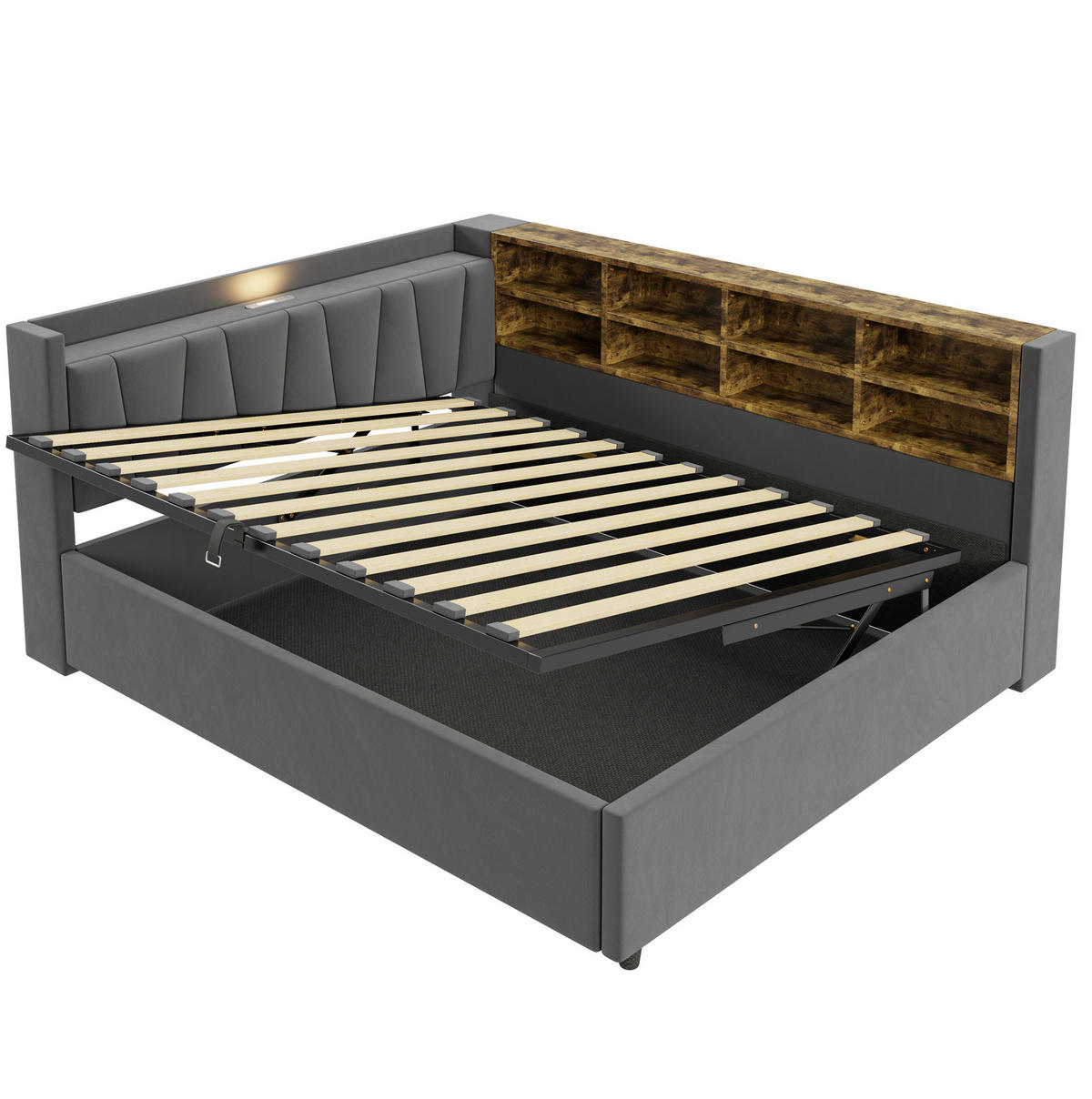 POLSTERBETT Schlafsofa aus Samt 140x200 cm Dunkelgrau mit Hydraulik-Stauraum, Nachtlicht, USB- und Typ-C-Anschlüssen - Grau, Textil (140/200cm) - Modfu