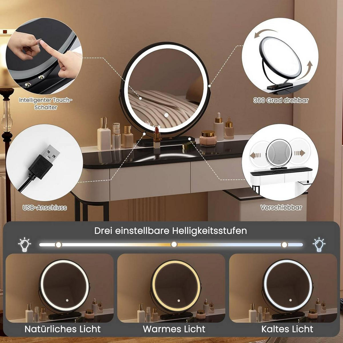 SCHMINKTISCH mit LED, Glasplatte, Seitenschrank, Weiß+Schwarz - Schwarz/Weiß, Holzwerkstoff/Metall (100/125/40cm) - Woltu
