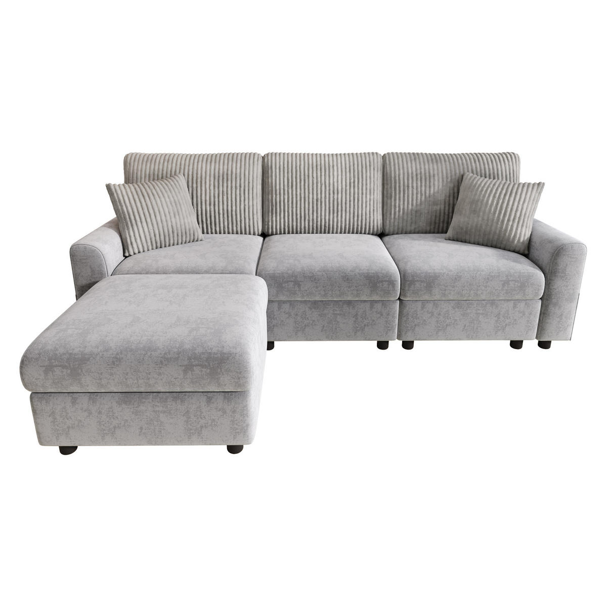 ECKSOFA 223/146/84 cm Grau mit 1 Fußhocker, 2 quadratischen Kissen, 1 USB-Anschluss und 1 Type-C-Anschluss - Grau, Textil (146/84/223cm) - Oxeza