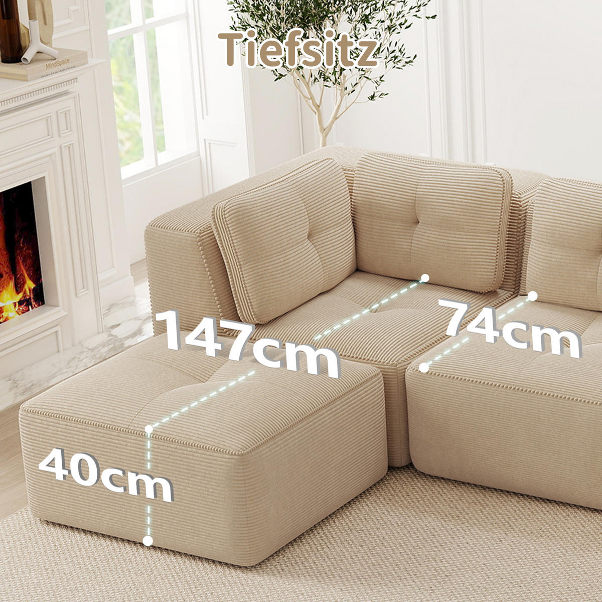 ECKSOFA Cord Beige Modular mit Kissen - Beige, Textil (177/177cm) - WISHDOR