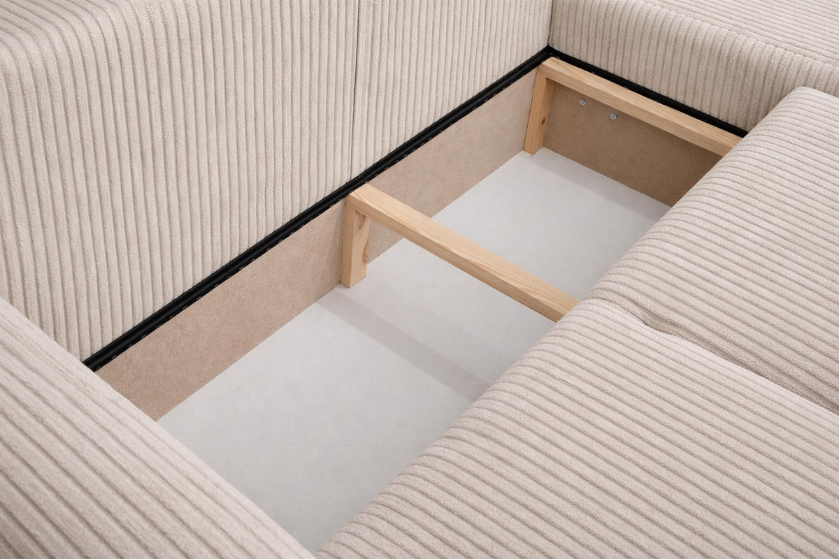 ECKSOFA Mit Schlaffunktion Und Bettkasten, Sofa L-Form Bingo L, Cordstoff Poso, Beige, Rechts - Beige, Holz (250/142cm) - Kaiser Möbel