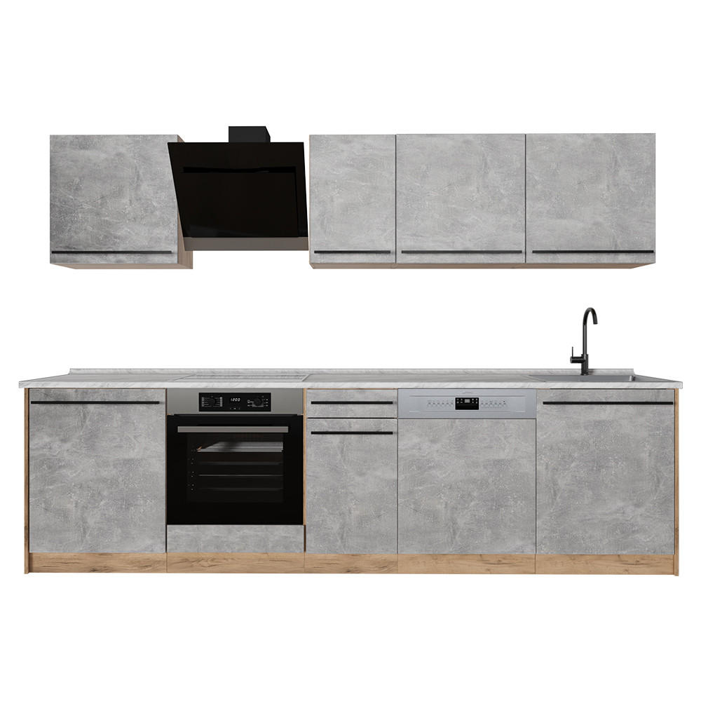 KÜCHENZEILE R-Line, Beton/Goldkraft Eiche, 280 cm Arbeitsplatte Marmor - Honigeiche/Grau, Holzwerkstoff (280/206.8/60cm) - Vicco