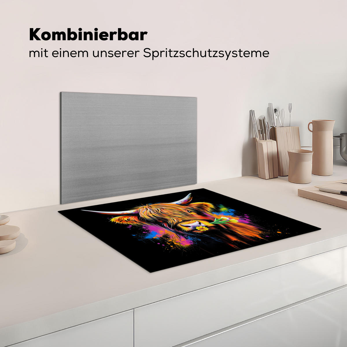 HERDABDECKPLATTE Schottischer Highlander - Graffiti - Bunt - Blume - Tiere Herdabdeckung Induktionsfeld 65x52 cm - Multicolor, Kunststoff (65/52/0.2cm) - MuchoWow