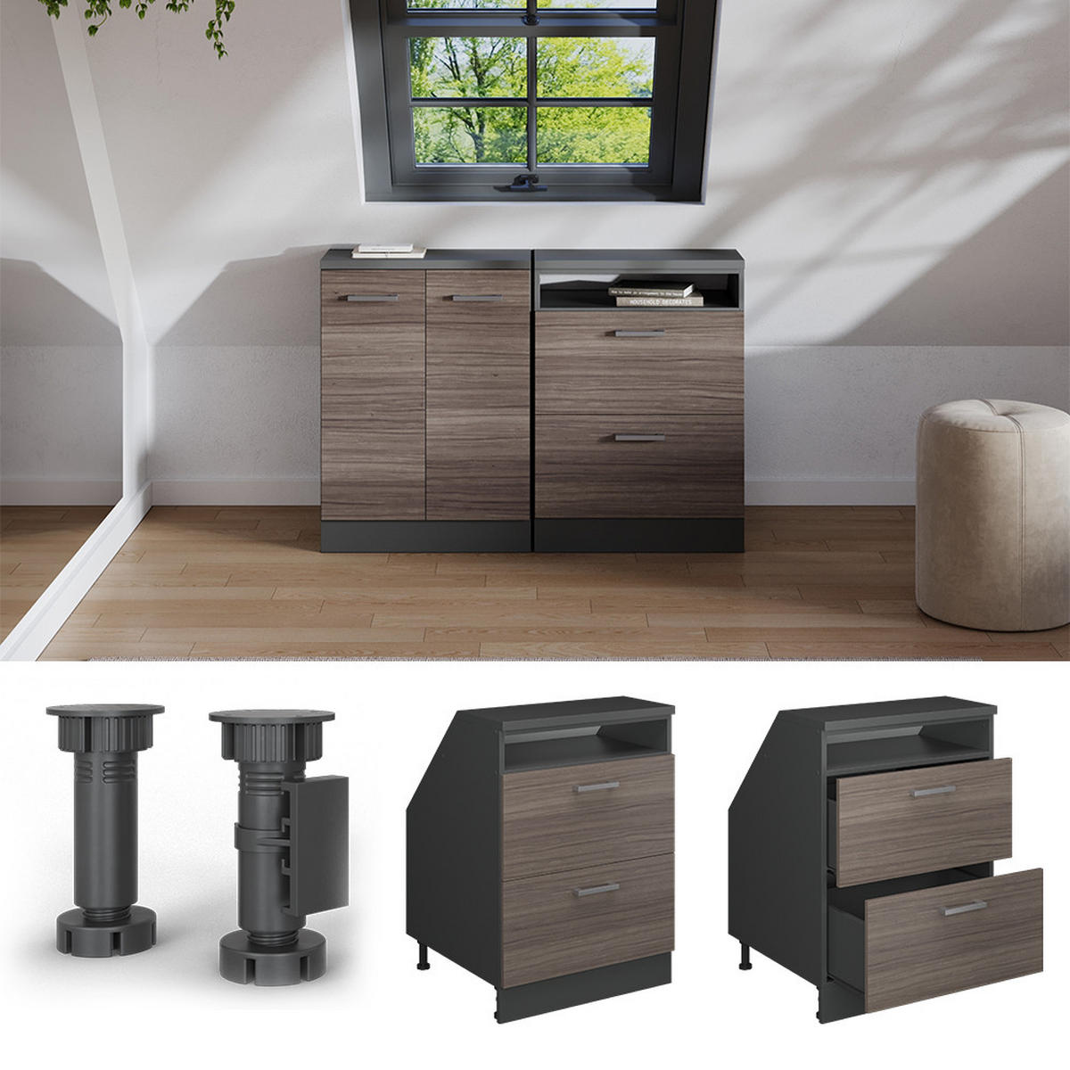 ORMARIĆ ZA KOSI KROV S LADICAMA Rion Plemenita Siva 60 x 81.6 cm s 2 ladice, korpus ormara dubine 60 cm - siva/antracit, drvni materijal (60/83.8/60cm) - Vicco