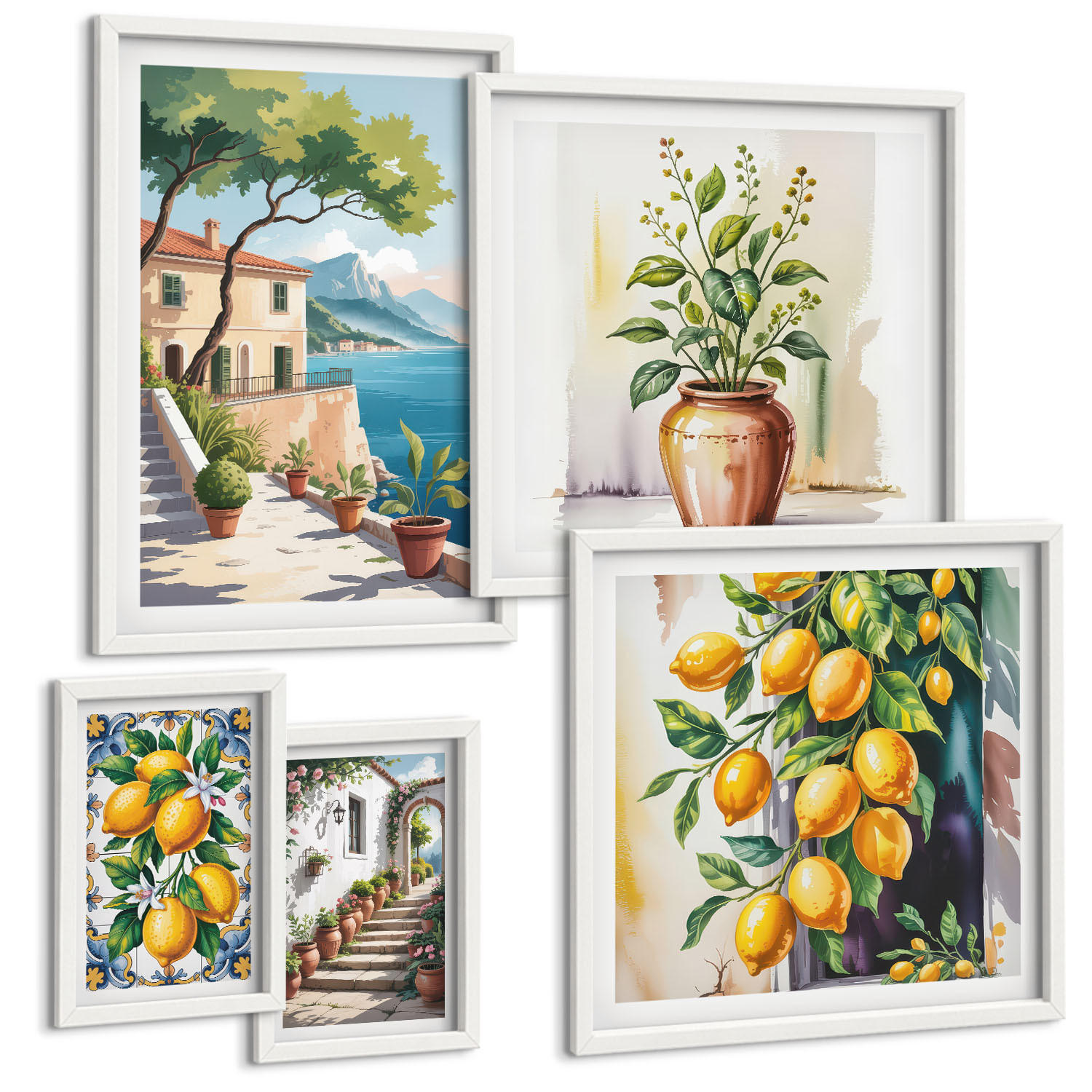 BILDER SET 5er Set - 50x50 cm & 20x30 cm & 40x60 cm Weißer Rahmen - Zitrusbaum im Fenster am Meer - Weiß, Kunststoff (40/60cm) - TULUP