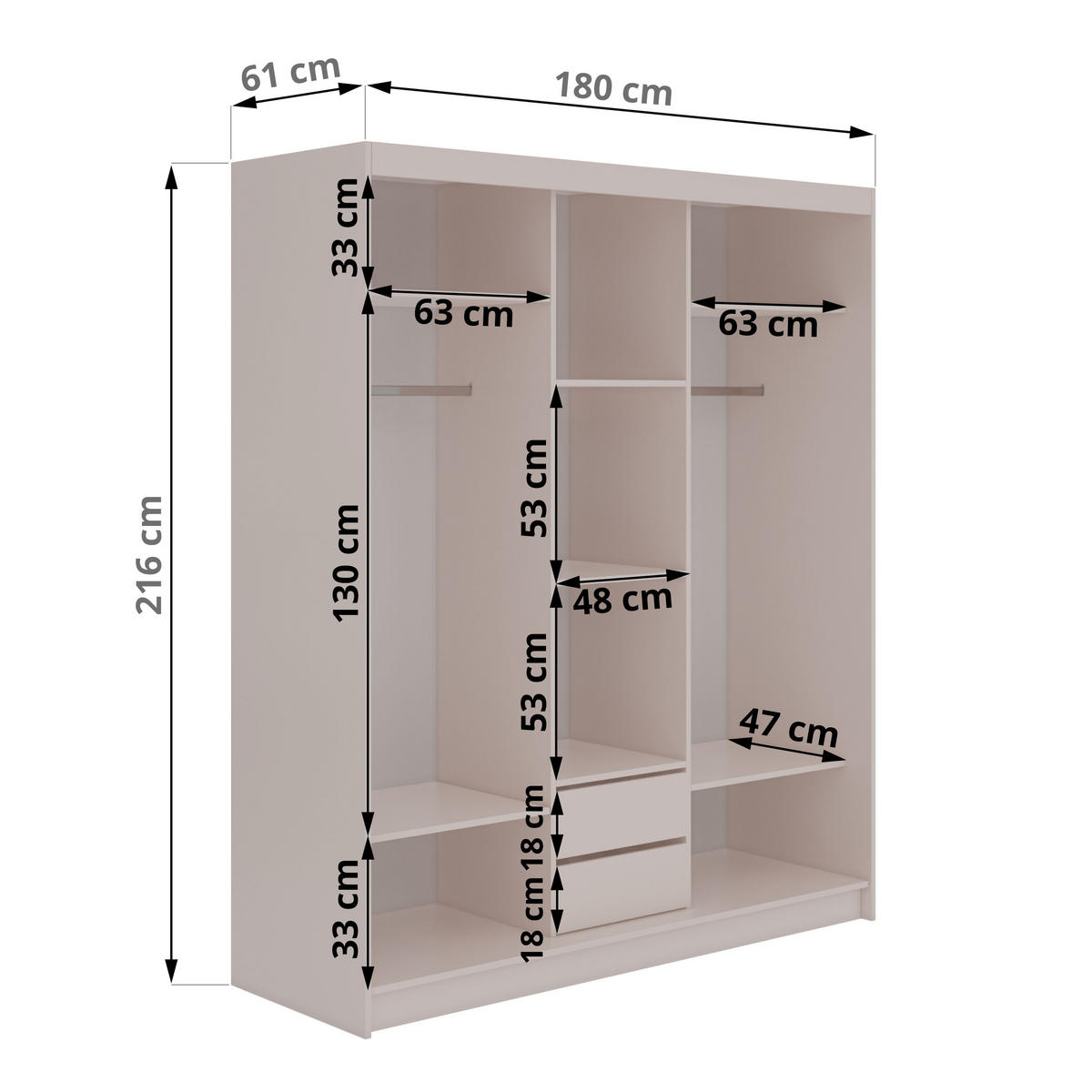 SCHWEBETÜRENSCHRANK mit Schubladen 180 - DUBROWNIK - Kaschmir mit Spiegel - Kaschmir/Alufarben, Holzwerkstoff/Metall (180/216/61cm) - MKS