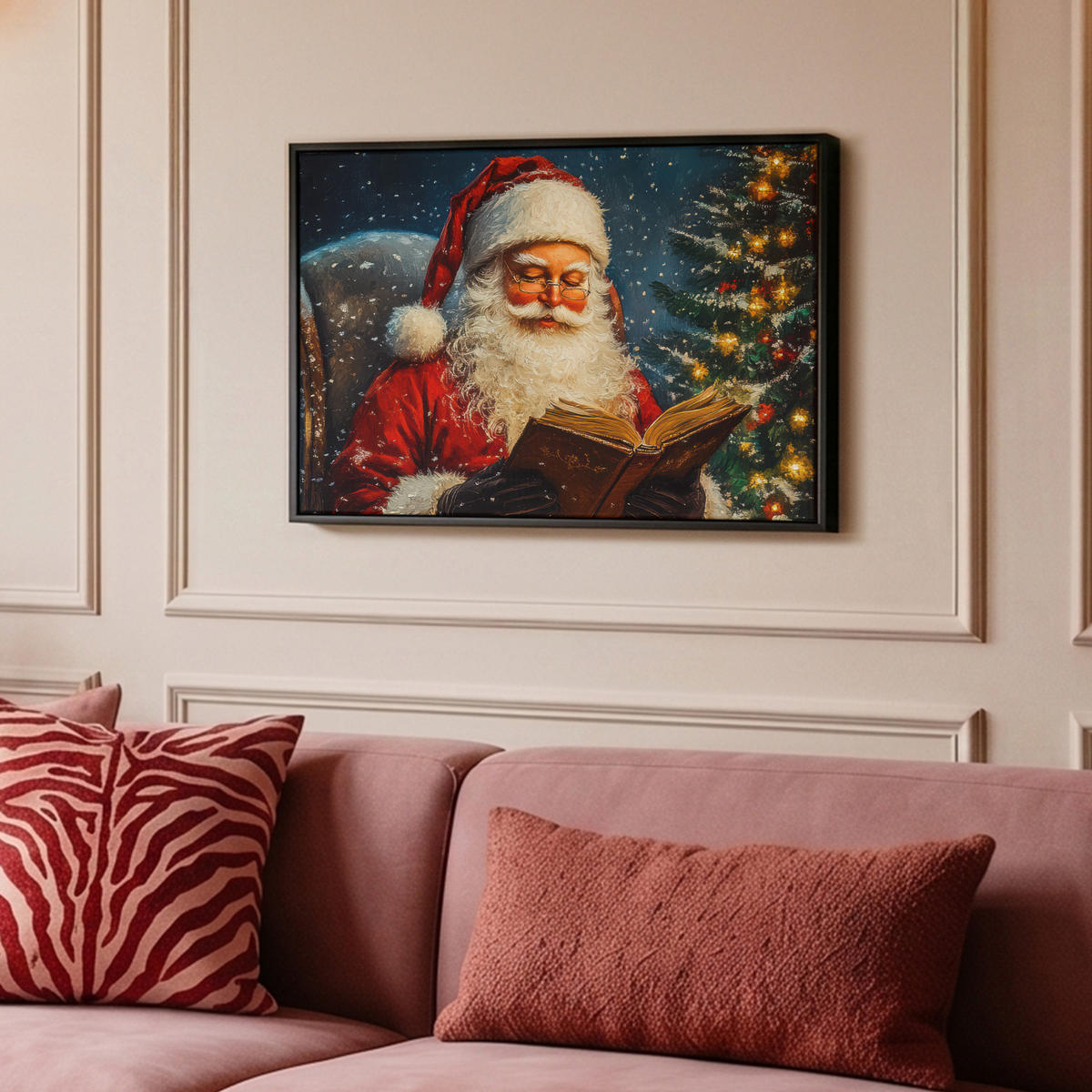 LEINWAND Bilder mit Rahmen - Weihnachtsmann - Weihnachten - Winter - Weihnachtsbaum - 60x40 - Bordeaux, Textil (60/40cm) - MuchoWow