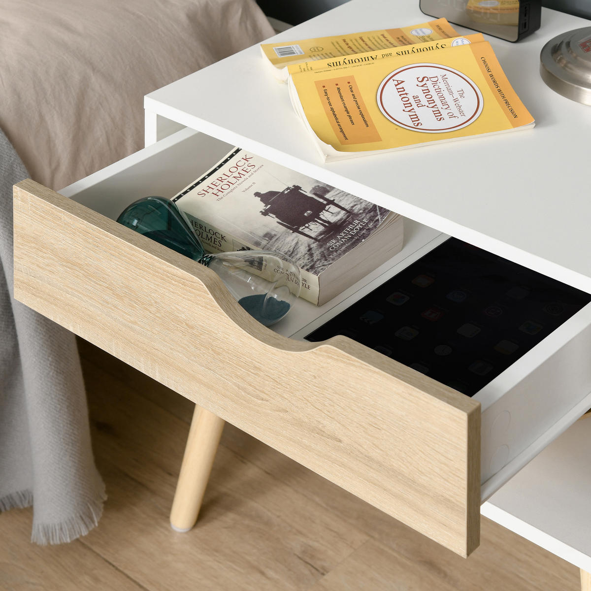 NACHTTISCH Weiß Natur Holz mit Schublade und offenem Fach - Eichefarben, Holzwerkstoff (50/51/39cm) - PANGIVO