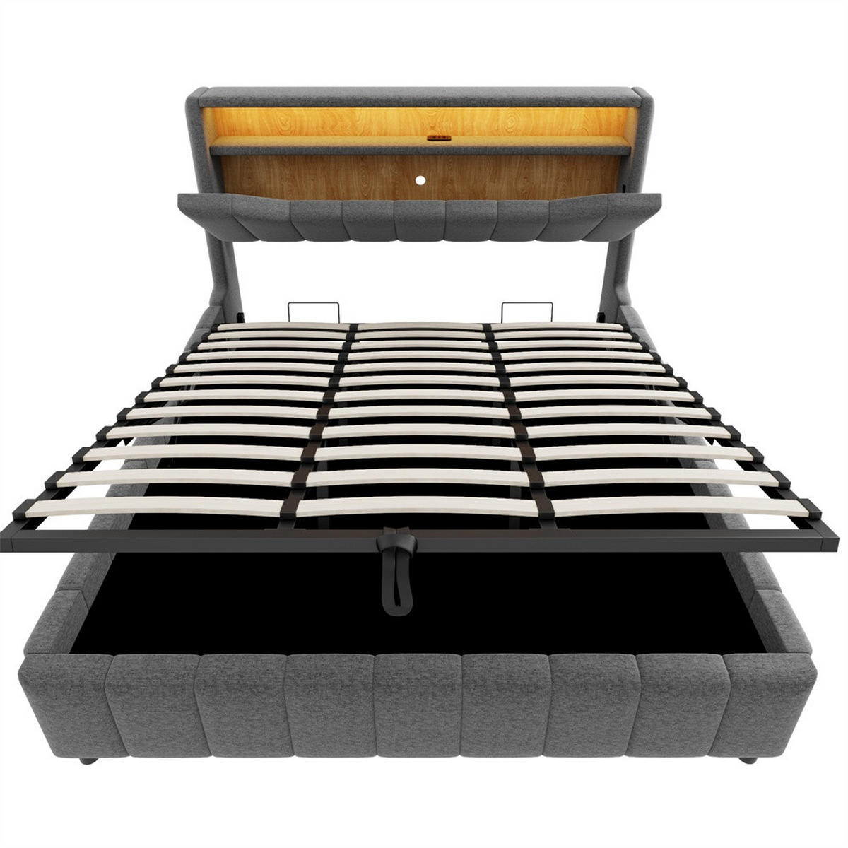 POLSTERBETT 180x200 cm mit hydraulischem Stauraum - klappbarem Kopfteil, LED & USB - Grau - ohne Matratze - Grau, Textil (180/200cm) - DELFA
