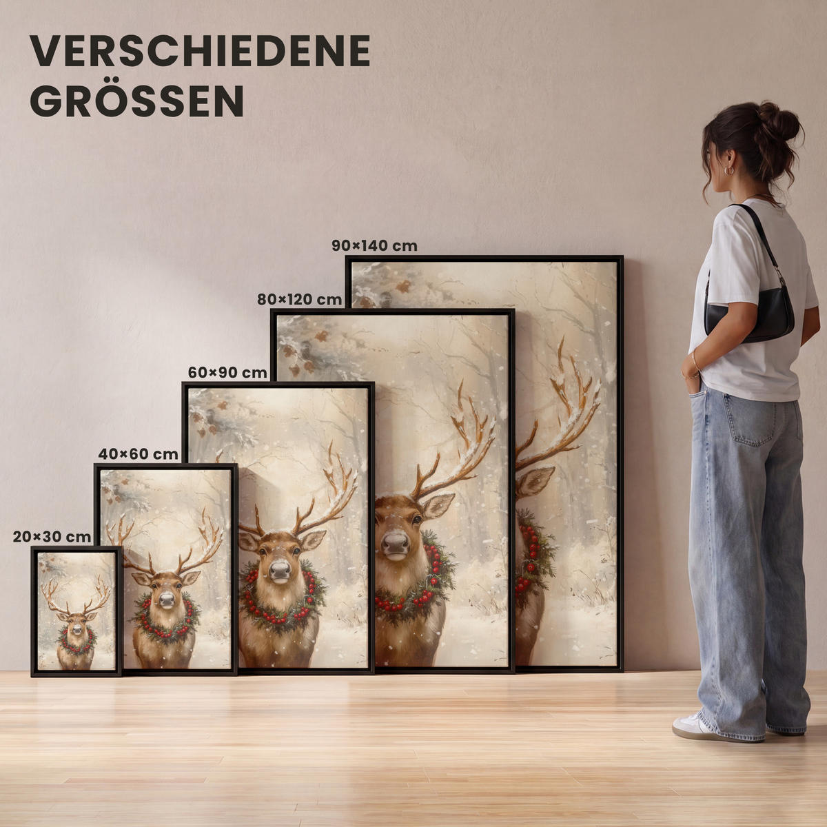 LEINWAND Bilder mit Rahmen - Weihnachten - Rentier - Winter - Kranz - 100x150 - Naturfarben, Textil (100/150cm) - MuchoWow