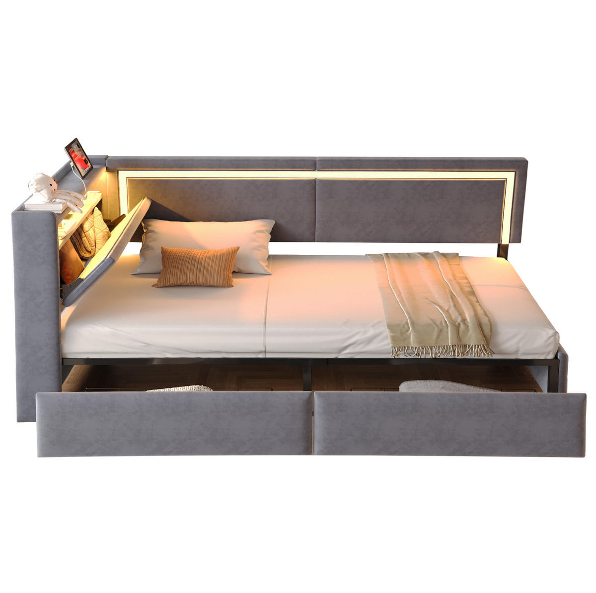 POLSTERBETT 90/200 cm aus Samt mit LED-Beleuchtung, USB-Anschlüssen und Stauraum - Dunkelgrau, Textil (90/200cm) - Flora Grace
