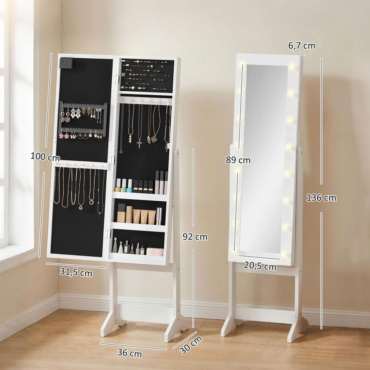 STANDSPIEGEL DE-18884 16 LEDs Weiß - Weiß, Holzwerkstoff (36/136/30cm) - ComfortXL