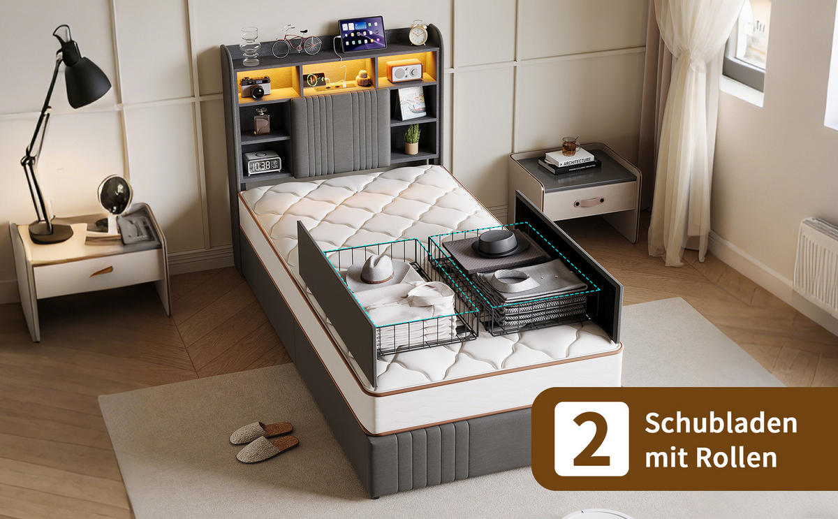 EINZELBETT 90/200 cm Grau mit Schubladen und LED-Beleuchtung - Grau, Holz (90/200cm) - SHOPENTRA