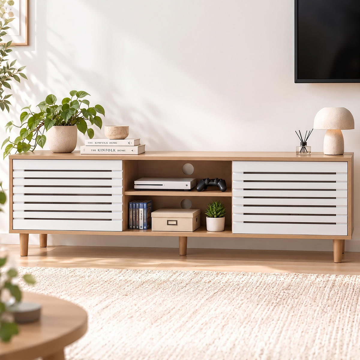 TV-SKŘÍŇKA bílá dřevodekor 2 posuvné dveře 140 cm - světle hnědá, dřevo/kompozitní dřevo (140/49/40cm) - Relaxdays