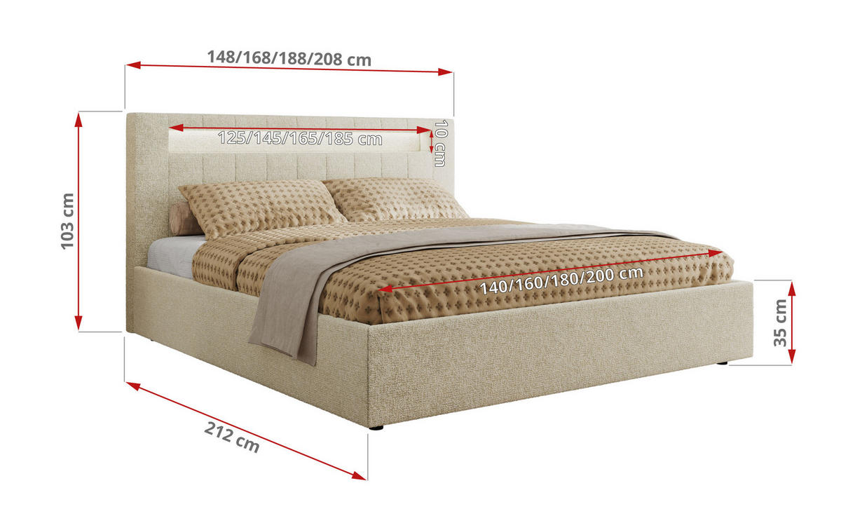 POLSTERBETT GOLD 5 CLASSIC 200/200 - Creme Strukture - Pocket-Matratze - Creme, Textil (200/200cm) - MKS