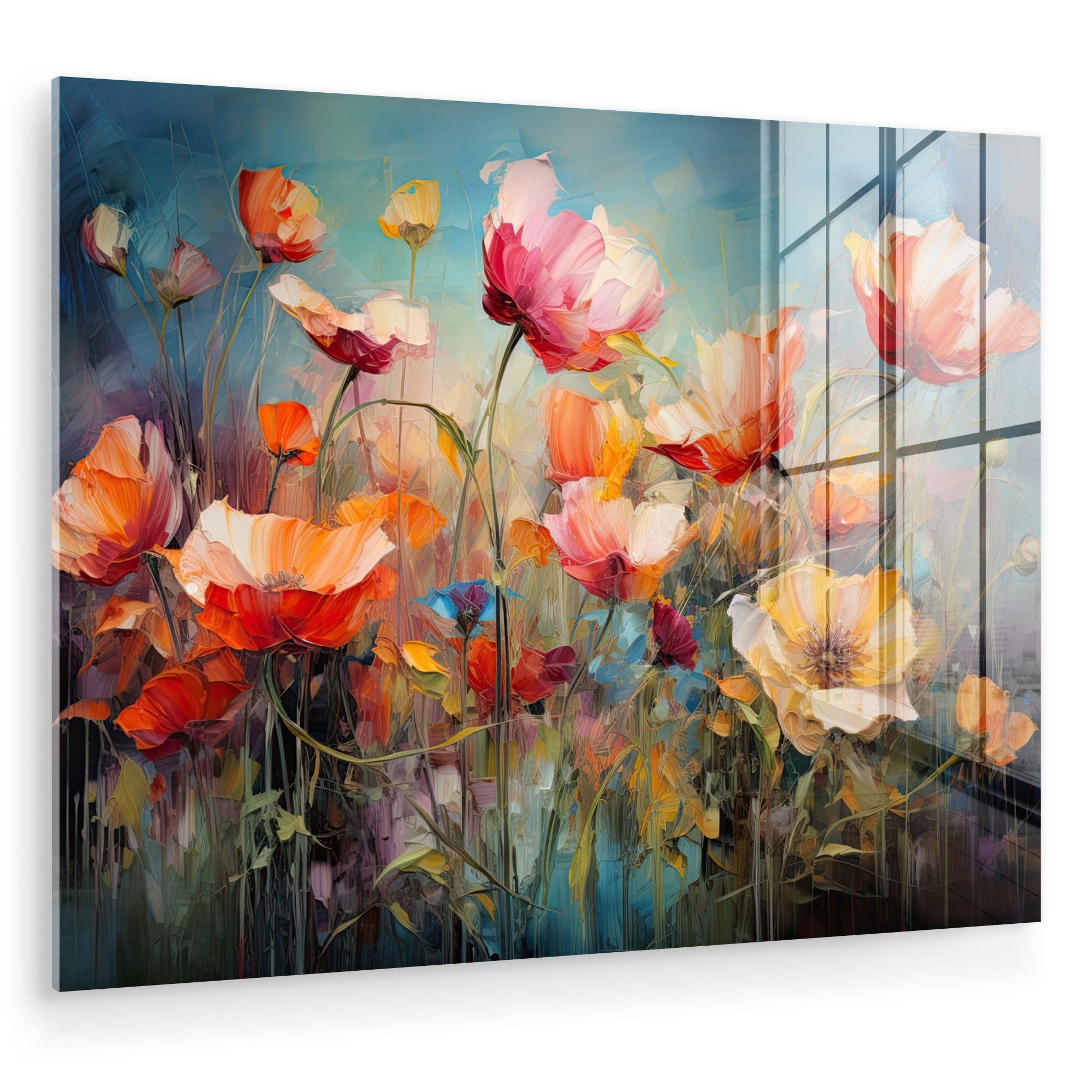 ACRYLGLASBILD Blumen - Aquarell - Kunst - Botanisch - Natur 80x60 cm - Orange, Glas (80/60cm) - MuchoWow