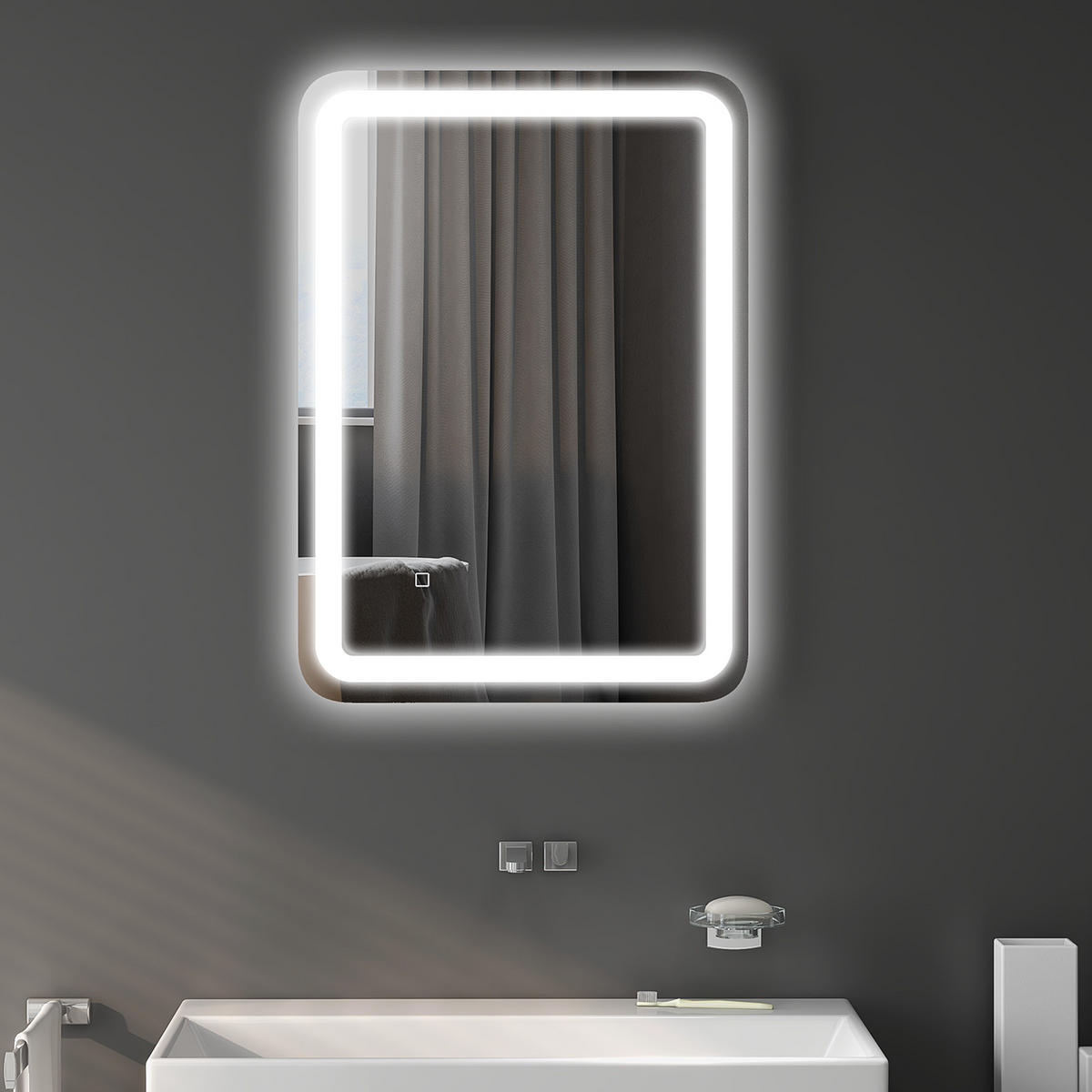 BADSPIEGEL, 50 x 70 cm LED Badezimmerspiegel mit 3 Lichtfarben, Touch-Schalter - Silberfarben, Glas (70/4/50cm) - HOMCOM