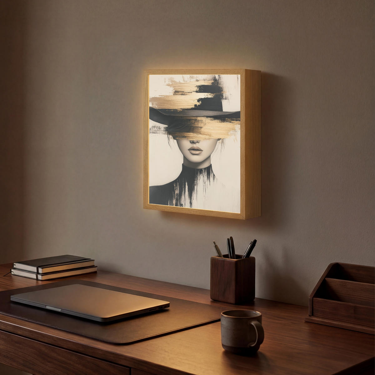 NÁSTĚNNÁ LAMPA S AKUMULÁTOREM Žena - klobouk - barva 30x40 cm - krémová, kompozitní dřevo (30/40/8cm) - OnlyWow